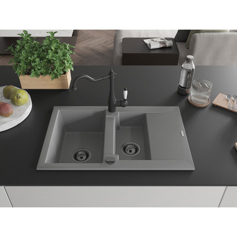 Mexen Gaspar granite sink 1.5-bowl with drainer and Carla kitchen tap, grey - 6507-71-670700-70-B