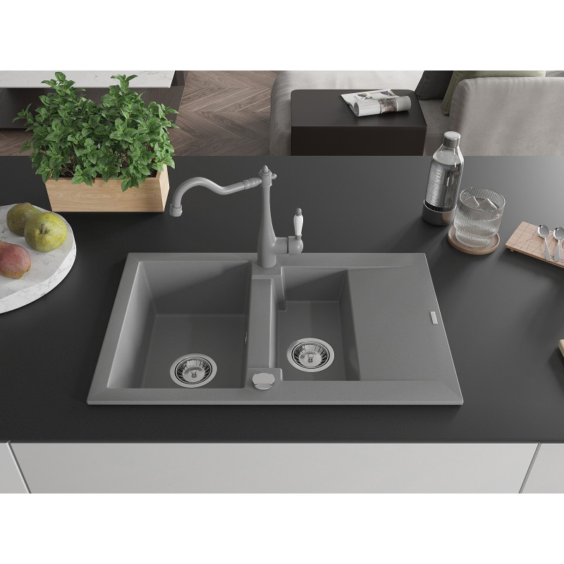 Mexen Gaspar 1.5-bowl granite sink with drainer and Carla kitchen tap, gray - 6507-71-670700-71