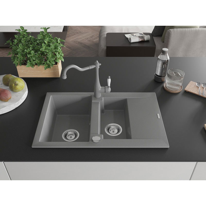 Mexen Gaspar granite sink 1.5-bowl with drainer and Carla kitchen tap, grey - 6507-71-670700-71