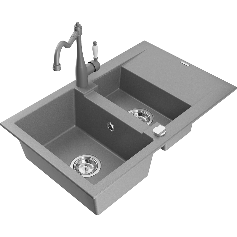 Mexen Gaspar granite sink 1.5-bowl with drainer and Carla kitchen tap, grey - 6507-71-670700-71