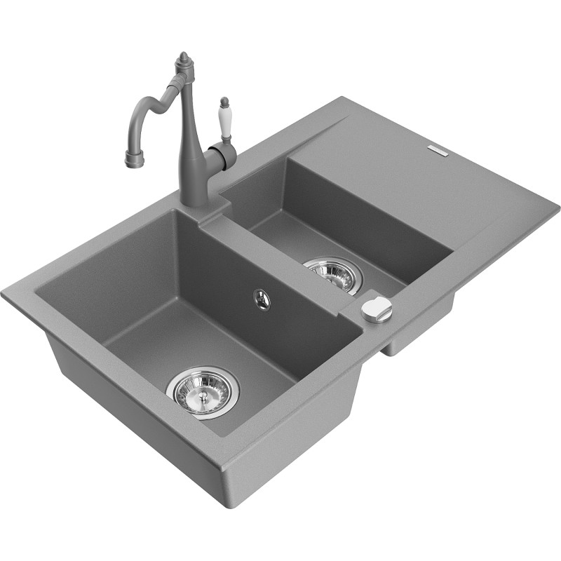 Mexen Gaspar granite sink 1.5-bowl with drainer and kitchen faucet Carla, gray - 6507-71-670700-71