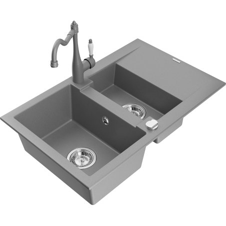 Mexen Gaspar 1.5-compartment granite sink with a drip tray and kitchen mixer tap Carla, Grey - 6507-71-670700-71