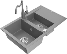 Mexen Gaspar 1.5-compartment granite sink with a drip tray and kitchen mixer tap Carla, Grey - 6507-71-670700-71