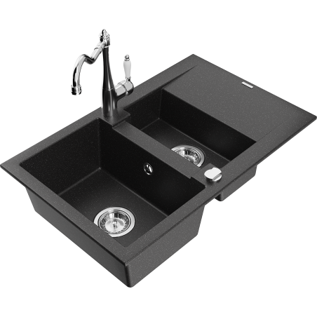Mexen Gaspar granite sink 1.5-bowl with drainer and kitchen faucet Carla black/silver metallic - 6507-73-670700-00