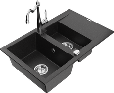 Mexen Gaspar granite sink 1.5-bowl with drainer and kitchen faucet Carla black/silver metallic - 6507-73-670700-00