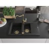 Mexen Gaspar granite sink 1.5-bowl with drainer and kitchen faucet Carla black/silver metallic - 6507-73-670700-50