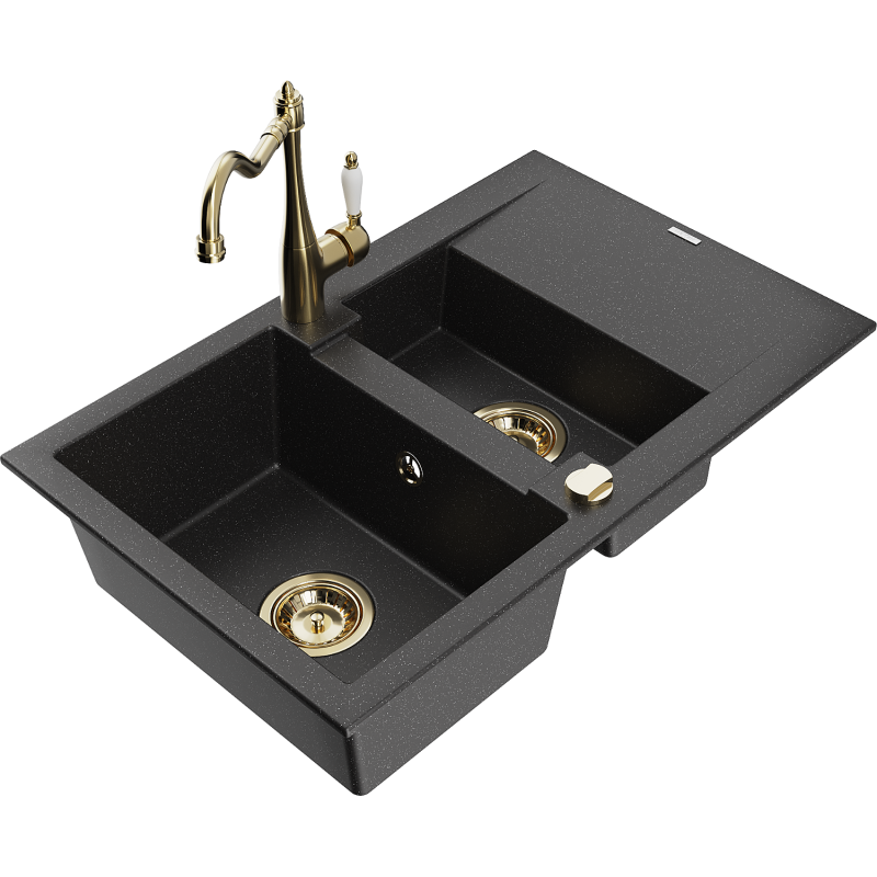 Mexen Gaspar 1.5-compartment granite sink with a drip tray and kitchen mixer tap Carla Black/Silver metallic - 6507-73-670700-50