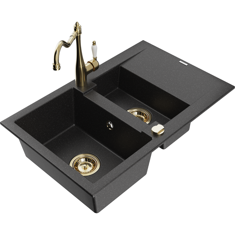 Mexen Gaspar granite sink 1.5-bowl with drainer and Carla kitchen tap black/silver metallic - 6507-73-670700-50