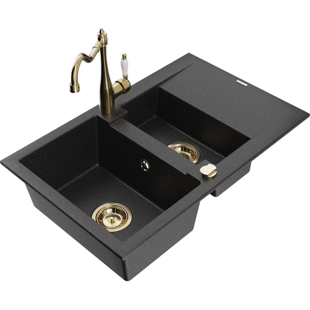 Mexen Gaspar granite sink 1.5-bowl with drainer and Carla kitchen tap black/silver metallic - 6507-73-670700-50
