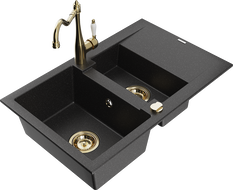 Mexen Gaspar 1.5-compartment granite sink with a drip tray and kitchen mixer tap Carla Black/Silver metallic - 6507-73-670700-50