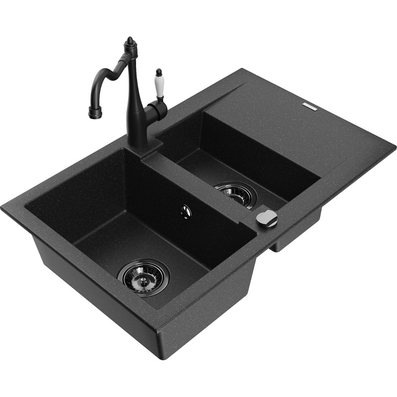 Mexen Gaspar granite kitchen sink 1.5-bowl with drainer and Carla kitchen faucet, black/silver - 6507-73-670700-70-B