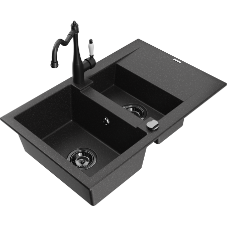 Mexen Gaspar granite kitchen sink 1.5-bowl with drainer and Carla kitchen faucet, black/silver - 6507-73-670700-70-B