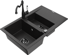 Mexen Gaspar granite sink 1.5-bowl with drainer and Carla kitchen faucet, black/silver - 6507-73-670700-70-B