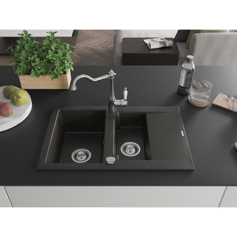 Mexen Gaspar granite sink 1.5-bowl with drainer and Carla kitchen tap, black/gold metallic - 6507-75-670700-00