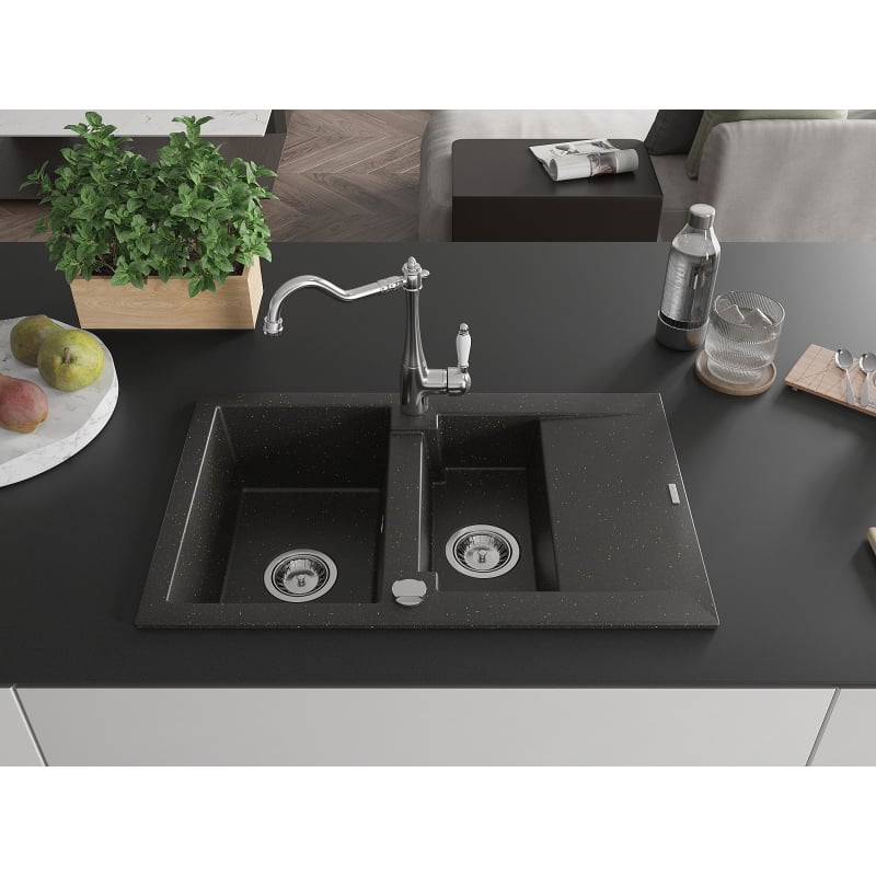 Mexen Gaspar granite sink 1.5-bowl with drainer and kitchen faucet Carla, black/gold metallic - 6507-75-670700-00