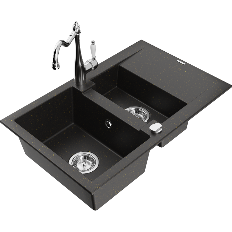 Mexen Gaspar granite sink 1.5-bowl with drainer and Carla kitchen tap, black/gold metallic - 6507-75-670700-00