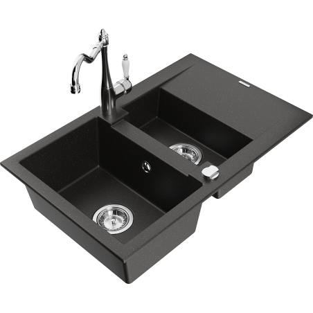 Mexen Gaspar granite sink 1.5-bowl with drainer and Carla kitchen tap, black/gold metallic - 6507-75-670700-00