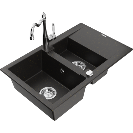 Mexen Gaspar granite sink 1.5-bowl with drainer and kitchen faucet Carla, black/gold metallic - 6507-75-670700-00