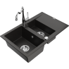 Mexen Gaspar granite sink 1.5-bowl with drainer and Carla kitchen tap, black/gold metallic - 6507-75-670700-00