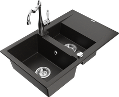 Mexen Gaspar 1.5-compartment granite sink with a drip tray and kitchen mixer tap Carla, Black/Gold metallic - 6507-75-670700-00