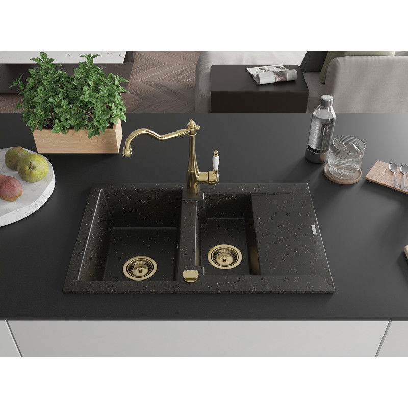 Mexen Gaspar granite sink 1.5-bowl with drainer and Carla kitchen tap, black/gold metallic - 6507-75-670700-50