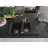 Mexen Gaspar granite sink 1.5-bowl with drainer and Carla kitchen faucet, black/golden metallic - 6507-75-670700-50