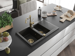 Mexen Gaspar granite sink 1.5-bowl with drainer and Carla kitchen tap, black/gold metallic - 6507-75-670700-50