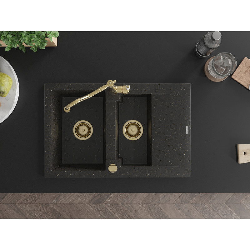 Mexen Gaspar granite sink 1.5-bowl with drainer and Carla kitchen tap, black/gold metallic - 6507-75-670700-50