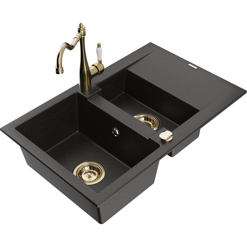 Mexen Gaspar 1.5-compartment granite sink with a drip tray and kitchen mixer tap Carla, Black/Gold metallic - 6507-75-670700-50