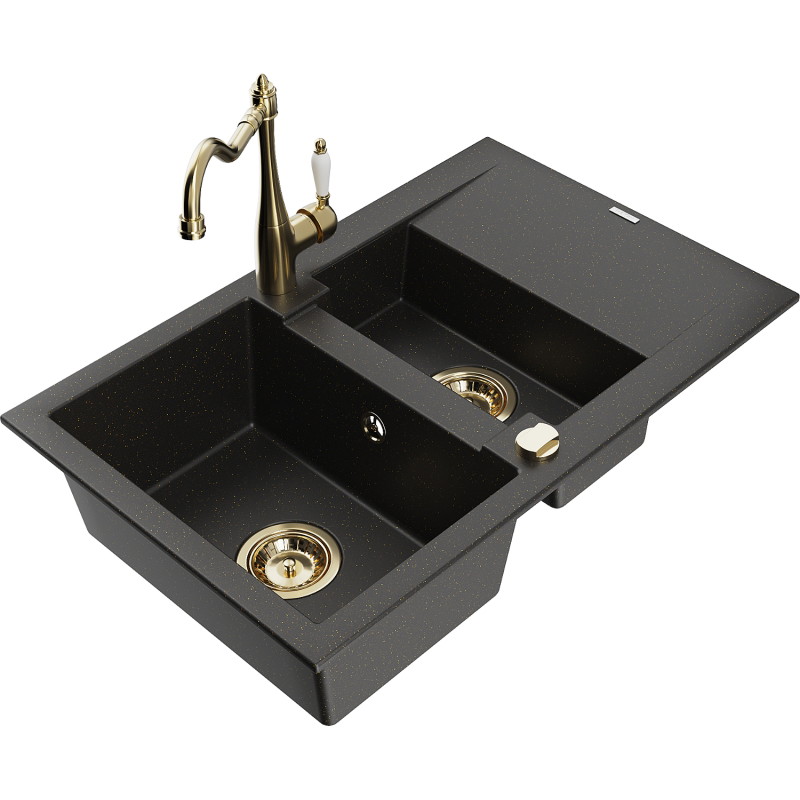 Mexen Gaspar granite sink 1.5-bowl with drainer and Carla kitchen faucet, black/golden metallic - 6507-75-670700-50