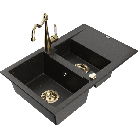 Mexen Gaspar granite sink 1.5-bowl with drainer and Carla kitchen faucet, black/golden metallic - 6507-75-670700-50