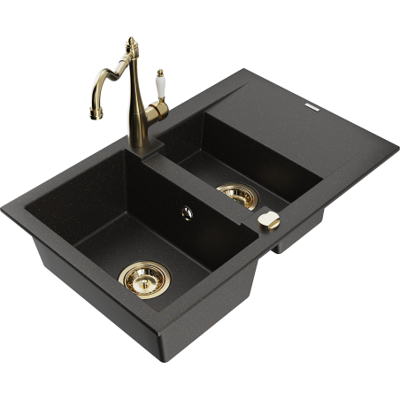 Mexen Gaspar granite sink 1.5-bowl with drainer and Carla kitchen tap, black/gold metallic - 6507-75-670700-50