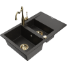 Mexen Gaspar granite sink 1.5-bowl with drainer and Carla kitchen faucet, black/golden metallic - 6507-75-670700-50