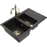 Mexen Gaspar granite sink 1.5-bowl with drainer and Carla kitchen tap, black/gold metallic - 6507-75-670700-50