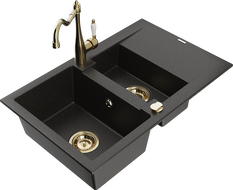 Mexen Gaspar 1.5-compartment granite sink with a drip tray and kitchen mixer tap Carla, Black/Gold metallic - 6507-75-670700-50