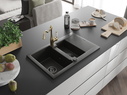 Mexen Gaspar 1.5-compartment granite sink with a drip tray and kitchen mixer tap Carla Black/Gold metallic - 6507-75-670700-50-B