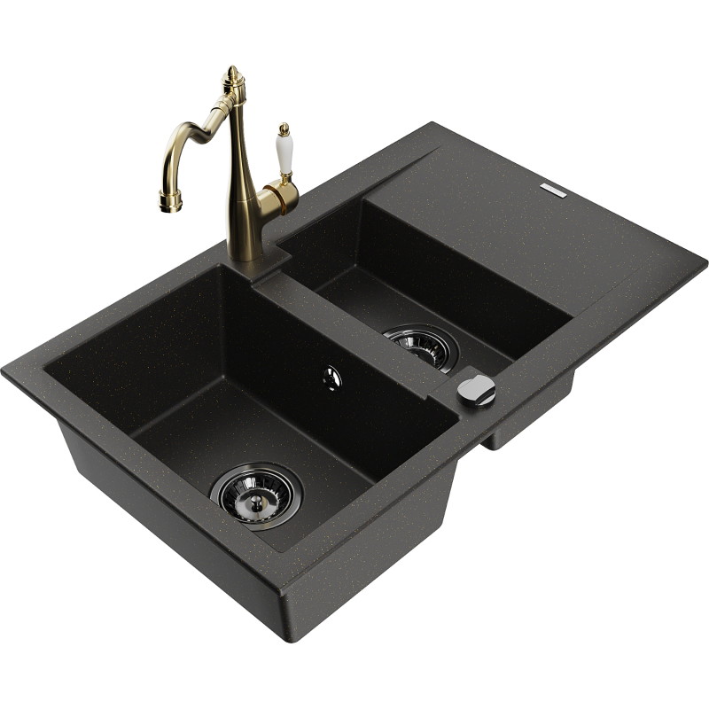 Mexen Gaspar 1.5-Bowl Granite Sink with Drainer and Kitchen Faucet Carla Black/Gold Metallic - 6507-75-670700-50-B