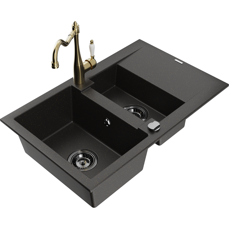 Mexen Gaspar 1.5-compartment granite sink with a drip tray and kitchen mixer tap Carla Black/Gold metallic - 6507-75-670700-50-B