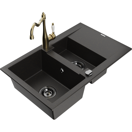 Mexen Gaspar 1.5-compartment granite sink with a drip tray and kitchen mixer tap Carla Black/Gold metallic - 6507-75-670700-50-B