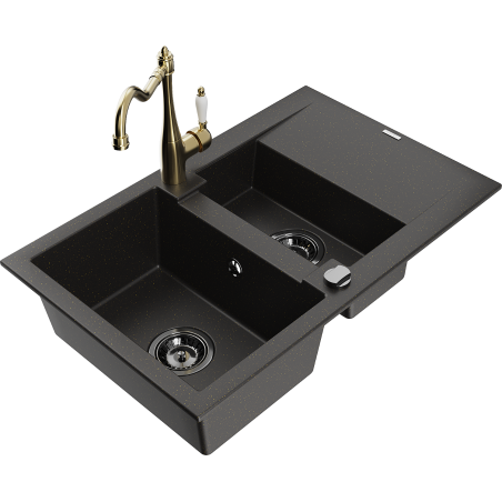 Mexen Gaspar granite sink 1.5-bowl with drainer and Carla kitchen tap black/gold metallic - 6507-75-670700-50-B