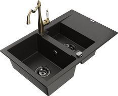 Mexen Gaspar 1.5-compartment granite sink with a drip tray and kitchen mixer tap Carla Black/Gold metallic - 6507-75-670700-50-B