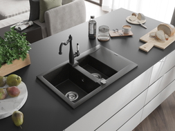 Mexen Gaspar granite sink 1.5-bowl with drainer and Carla kitchen faucet, black/gold metallic - 6507-75-670700-70