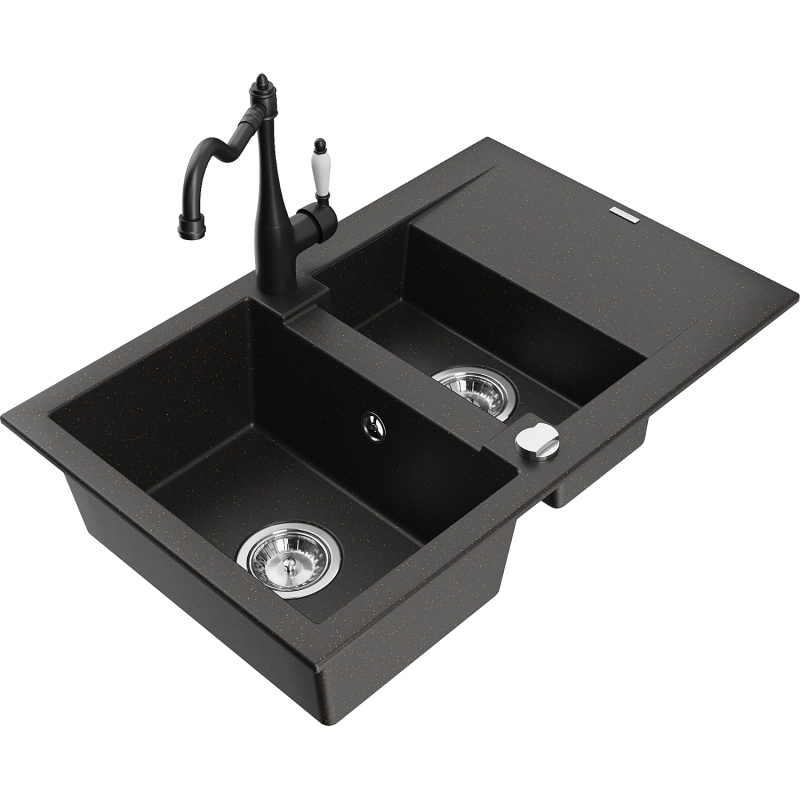 Mexen Gaspar 1.5-compartment granite sink with a drip tray and kitchen mixer tap Carla, Black/Gold metallic - 6507-75-670700-70
