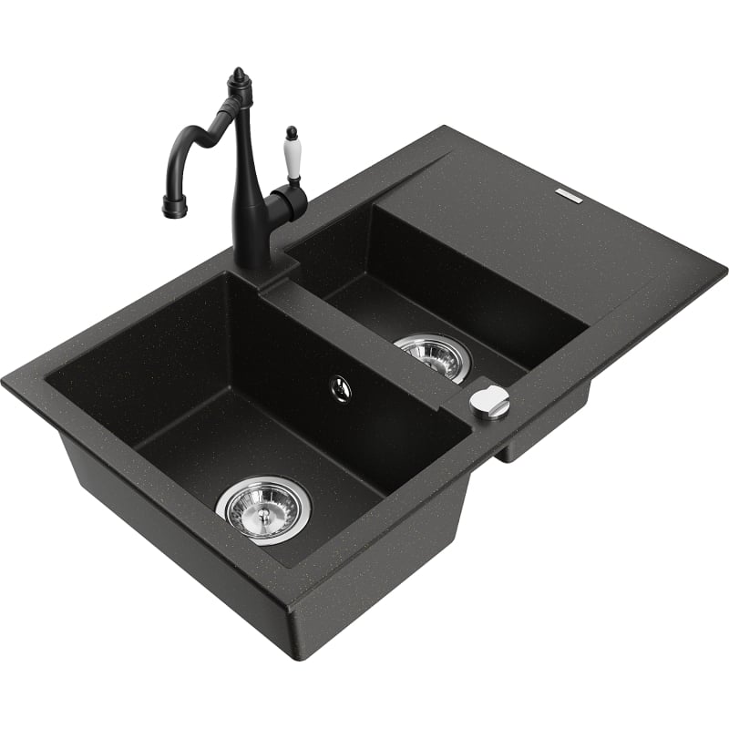 Mexen Gaspar granite sink 1.5-bowl with drainer and Carla kitchen faucet, black/gold metallic - 6507-75-670700-70