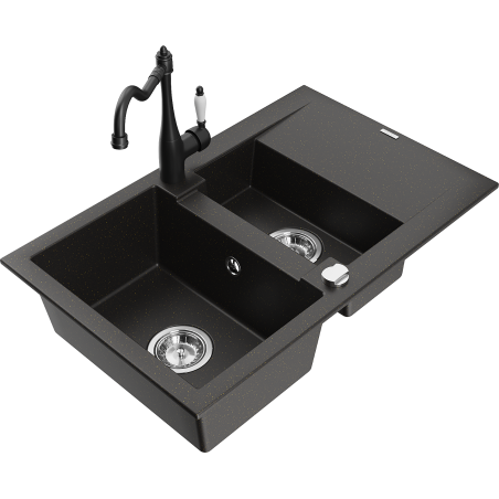 Mexen Gaspar 1.5-bowl granite sink with drainer and Carla kitchen faucet, black/gold metallic - 6507-75-670700-70