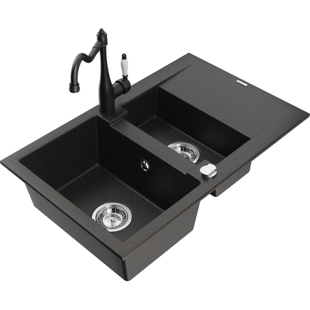 Mexen Gaspar granite sink 1.5-bowl with drainer and Carla kitchen faucet, black/gold metallic - 6507-75-670700-70