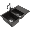 Mexen Gaspar 1.5-bowl granite sink with drainer and Carla kitchen faucet, black/gold metallic - 6507-75-670700-70