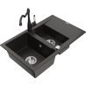 Mexen Gaspar granite sink 1.5-bowl with drainer and Carla kitchen faucet, black/gold metallic - 6507-75-670700-70