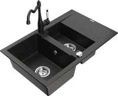 Mexen Gaspar 1.5-compartment granite sink with a drip tray and kitchen mixer tap Carla, Black/Gold metallic - 6507-75-670700-70