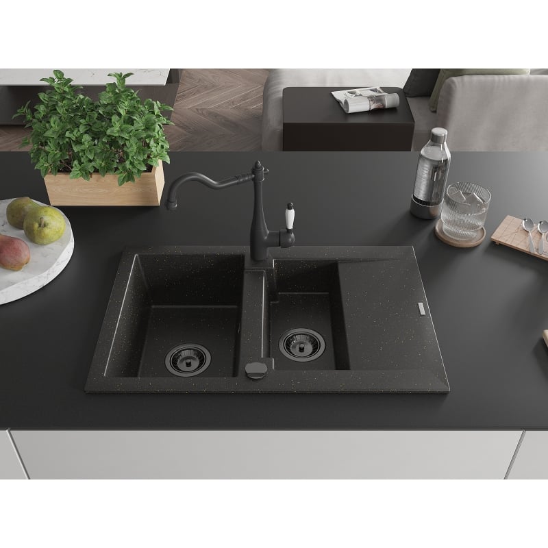 Mexen Gaspar granite sink 1.5-bowl with drainer and kitchen faucet Carla black/gold metallic - 6507-75-670700-70-B